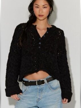 Free People Black Cable-Knit V-Neck Henley Sweater